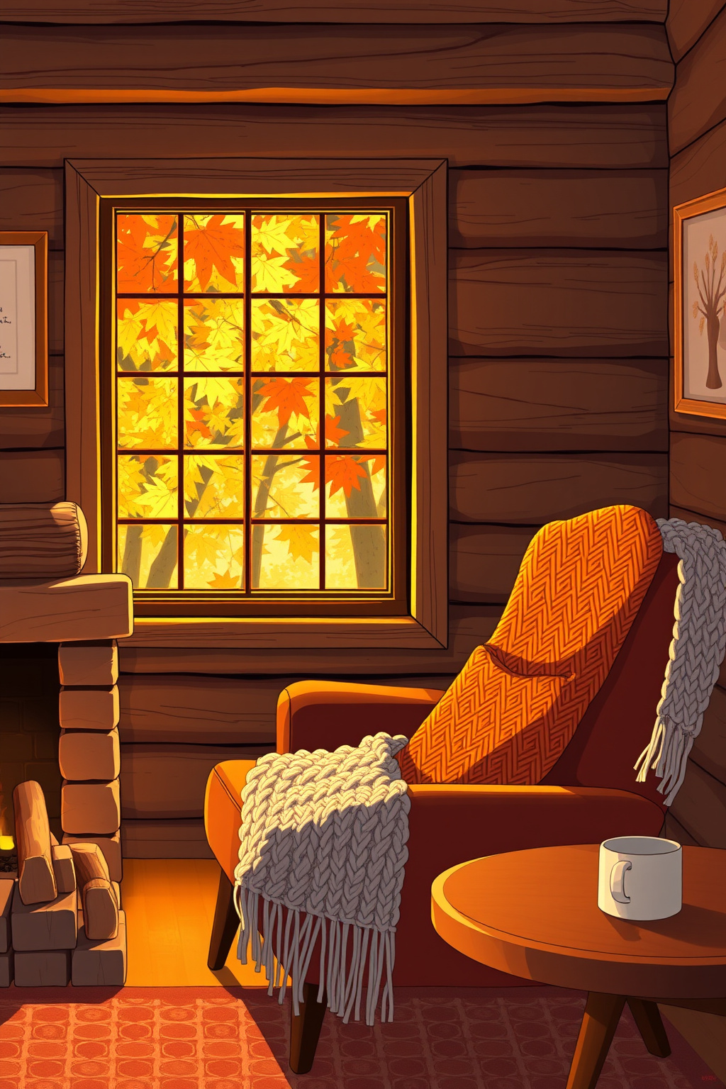 Autumn cabin cozy fall anime wallpaper — fireplace with maple leaves and knit blanket