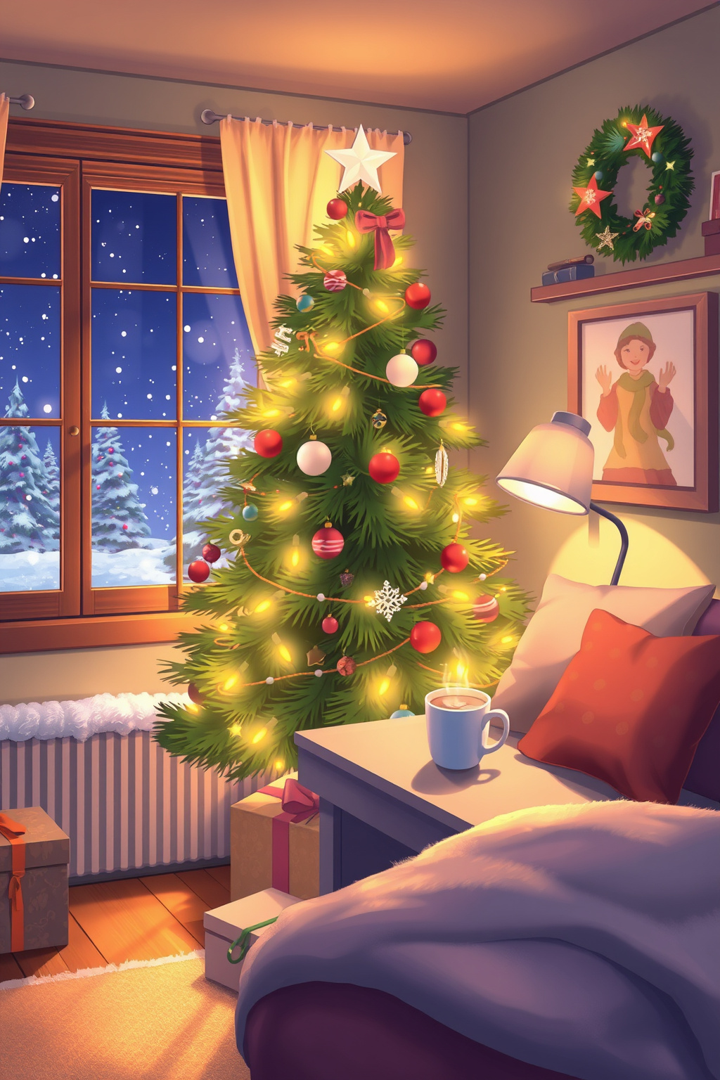 Christmas cozy holiday anime wallpaper — decorated tree beside a snowy study window