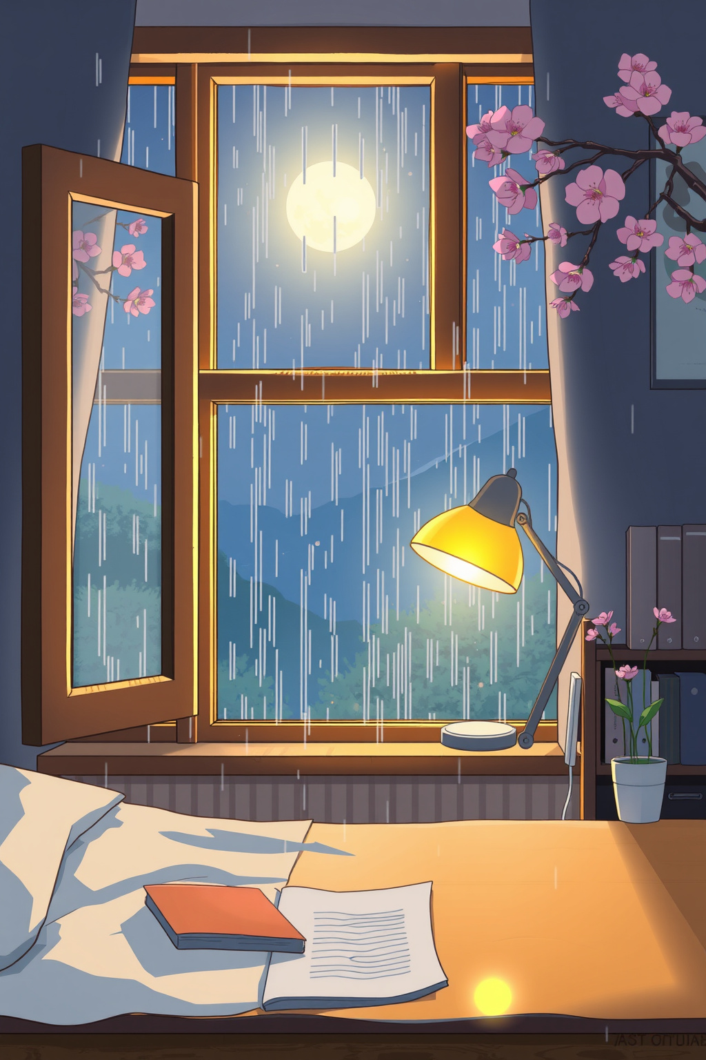 Mega bundle cozy anime wallpaper — rainy night study room with moonlit window and warm desk lamp