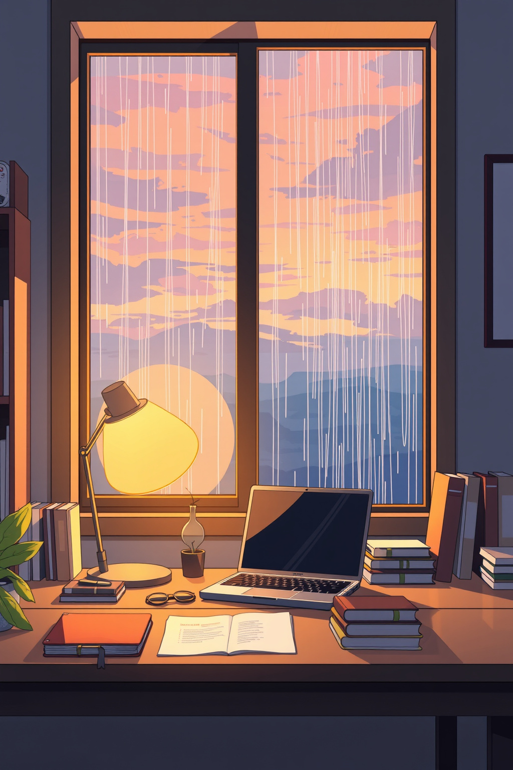 Rainy study room lo-fi anime wallpaper — cozy desk with rain on the window and warm lamp light