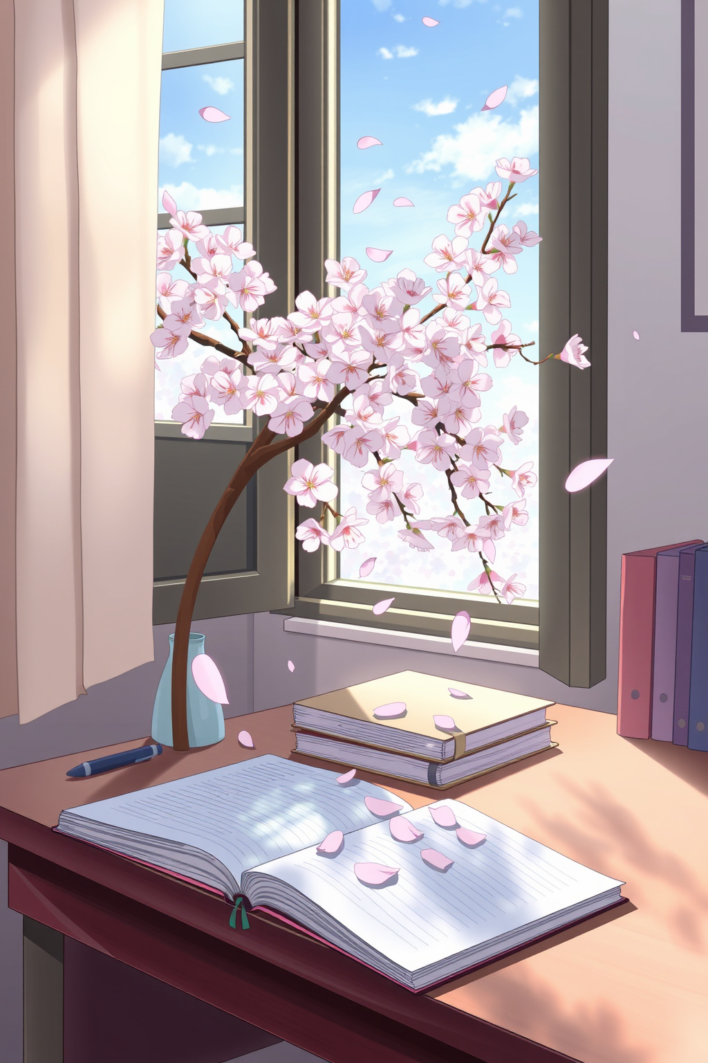Spring sakura pastel anime wallpaper — cherry blossoms drifting onto a study desk