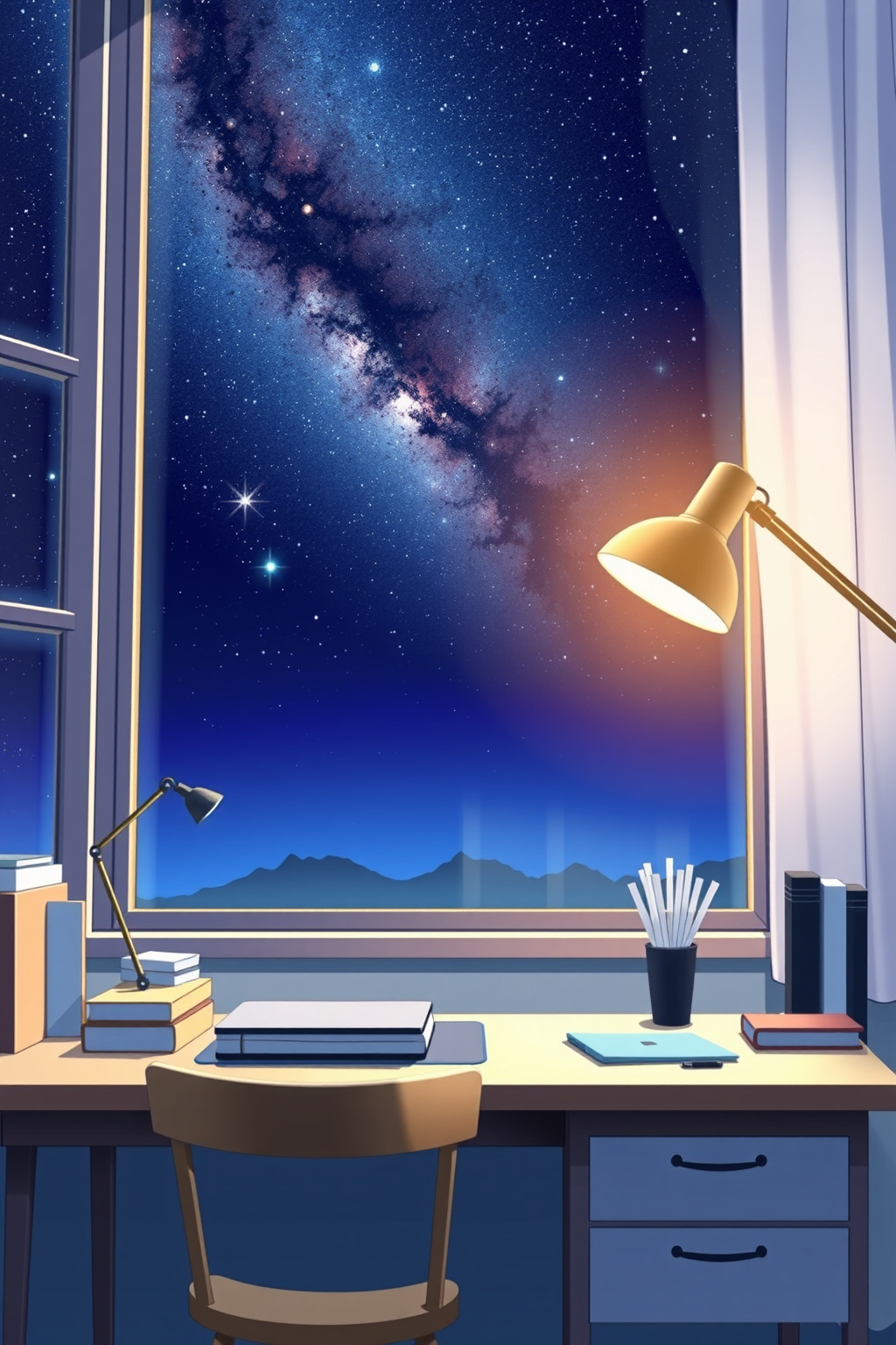 Starry night desk dreamy anime wallpaper — study desk under the milky way