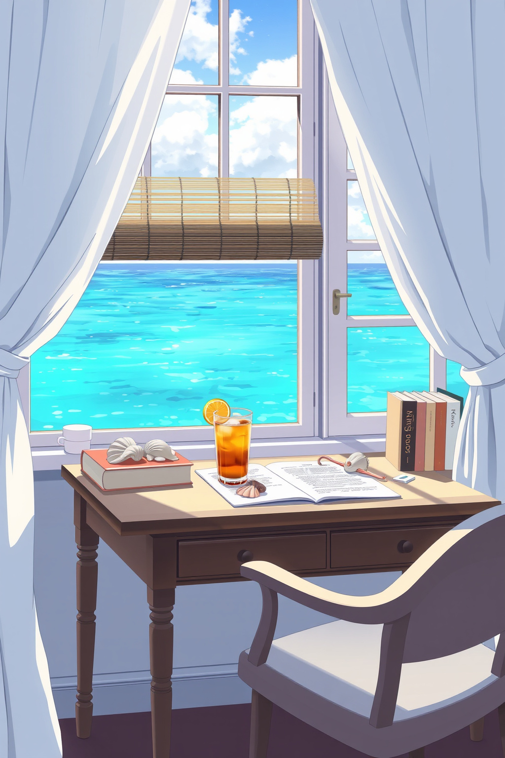 Summer ocean study anime wallpaper — bright beach desk with turquoise sea